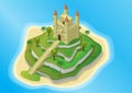 Isometric island with medieval castle on terraced land