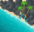 Isometric island, two mermaids on a rocky shore, rocks, palms, sea, sweet-hearted serenas, sea, tail, fish Royalty Free Stock Photo