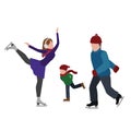 Isometric isolated happy family skating. Cross country skating, winter sport. Olimpic games, recreation lifestyle