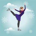 Isometric isolated woman skating. Cross country skating, winter sport. Olimpic games, recreation lifestyle, activity