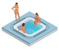 Isometric jacuzzi with swirling water isolated on white. People enjoying jacuzzi hot tub bath spa. Royalty Free Stock Photo