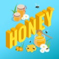 Isometric jars with honey, honeycomb and bee, honey in jar with honey dipper. Cards design template.