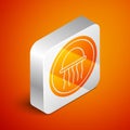 Isometric Jellyfish on a plate icon isolated on orange background. Silver square button. Vector.