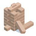 Isometric jenga game. Wooden bricks, 3d puzzle cubes tower, family and friends leisure game vector illustration on white Royalty Free Stock Photo