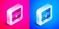 Isometric Jewelry box icon isolated on pink and blue background. Casket with jewelry. Silver square button. Vector