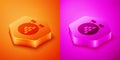 Isometric Jewelry store icon isolated on orange and pink background. Hexagon button. Vector