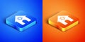 Isometric Jewish synagogue building or jewish temple icon isolated on blue and orange background. Hebrew or judaism