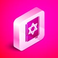 Isometric Jewish torah book icon isolated on pink background. Pentateuch of Moses. On the cover of the Bible is the