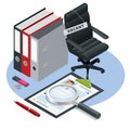 Isometric Job recruiting advertisement, Job opportunity. Office chair and a sign vacant. Hiring and recruitment
