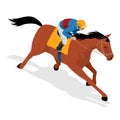 Isometric Jockey on horse, champion, horse riding. Equestrian sport. Jockey riding jumping horse. Poster. Sport