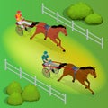 Isometric Jockey and horse. Two racing horses competing with each other. Race in harness with a sulky or racing bike