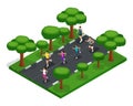 Isometric jogging in the park of young people, men and women, morning running, freshness of nature, healthy lifestyle