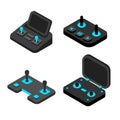 Isometric joystick set. Black controllers with blue neon glowing elements. gamepads for console video gaming. Wireless