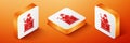 Isometric Judge with gavel on table icon isolated on orange background. Orange square button. Vector