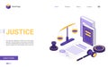 Isometric justice and law firm, cartoon 3d concept landing page with courtroom items Royalty Free Stock Photo