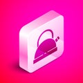 Isometric Kettle with handle icon isolated on pink background. Teapot icon. Silver square button. Vector