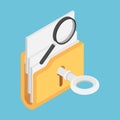 Isometric Key Unlock Folder with Magnifying Glass on Top Royalty Free Stock Photo