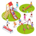 Isometric kids, boys and girls are playing on the playground. Swing carousel sandpit slide rocker rope ladder bench. Royalty Free Stock Photo