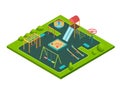 Isometric kids summer playground with childrens swing and sandbox isolated cartoon vector illustration