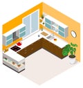 Isometric kitchen design. Vector isometric low poly kitchen room icon.