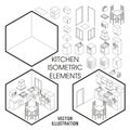 Isometric kitchen interior constructor. Vector set of isometric Furniture elements of home interior isolated on white Royalty Free Stock Photo