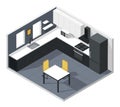 Isometric kitchen. Modern kitchen room interior with furniture and appliances. Refrigerator, oven, microwave, table Royalty Free Stock Photo