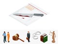 Isometric knife, evidence in a transparent package. Crime scene investigation collecting evidence. Vector illustration