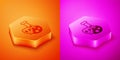 Isometric Laboratory chemical beaker with toxic liquid icon isolated on orange and pink background. Biohazard symbol Royalty Free Stock Photo