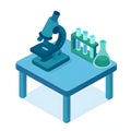 Isometric laboratory setup with microscope on table, test tube rack, and Erlenmeyer flask holding green reagent. Royalty Free Stock Photo