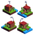 Isometric Lakeside Cottage View From 4 Angles 3D Rendering Illustration