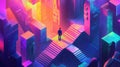 This isometric landing page depicts a businessman navigating confusing steps, making decisions, solving problems, and