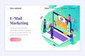 Isometric landing page design concept of Email marketing mailing services with people work near a giant laptop