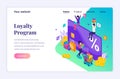 Isometric landing page design concept of Loyalty marketing program. A group of happy people receive a gift box Discount