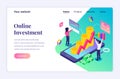 Isometric landing page design concept of Online Investment. People analyze financial charts and graphs profit income