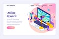 Isometric landing page design concept of Online reward. A group of happy people receive a gift box from Online loyalty program