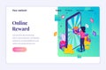 Isometric landing page design concept of Online reward. A woman receive a gift box from Online loyalty program and bonus