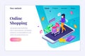 Isometric design concept of Online Shopping. A woman is carrying a shopping cart on a giant smartphone. vector