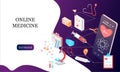 Isometric landing page design template for Online Pharmacy, Online Medicine, Medical Service and Healthcare Insurance. Flat isomet