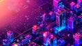 Isometric landing page with futuristic neon glowing smartcity buildings and people using gadgets and technologies. Royalty Free Stock Photo