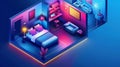 This is an isometric landing page for a hotel with an interior with a bedroom and bathroom. There are modern furniture Royalty Free Stock Photo