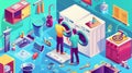 Isometric landing page for house appliances repairs. Tiny workers fix broken washing machines, refrigerators, and stoves Royalty Free Stock Photo