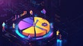 Isometric landing page with a huge pie chart under a clock, animated robot. Time management, schedule planning, work