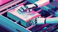 This is an isometric landing page showing old documents on a conveyor belt. Robot hands working on a database, drawers