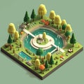 Isometric landscape of the city park. Isometric trees, pond .