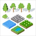 Isometric landscape elements. Bushes and trees, water, grass.