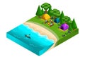 Isometric landscape rests on the river, friends on vacation, fresh air, picnic, day off, stones, beach, tent, kayak, canoe, frien