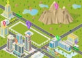 Isometric landscapes with city buildings and mountain