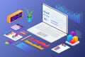 Isometric laptop analytics. Market data. Report for business analysis. 3D strategy graph. Financial web research