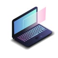 Isometric laptop with blue gradient screen isolated on white background.Realistic modern 3d computer laptop for software developme Royalty Free Stock Photo