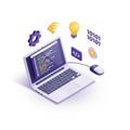 Isometric laptop with code editor and floating icons representing technology and programming Royalty Free Stock Photo